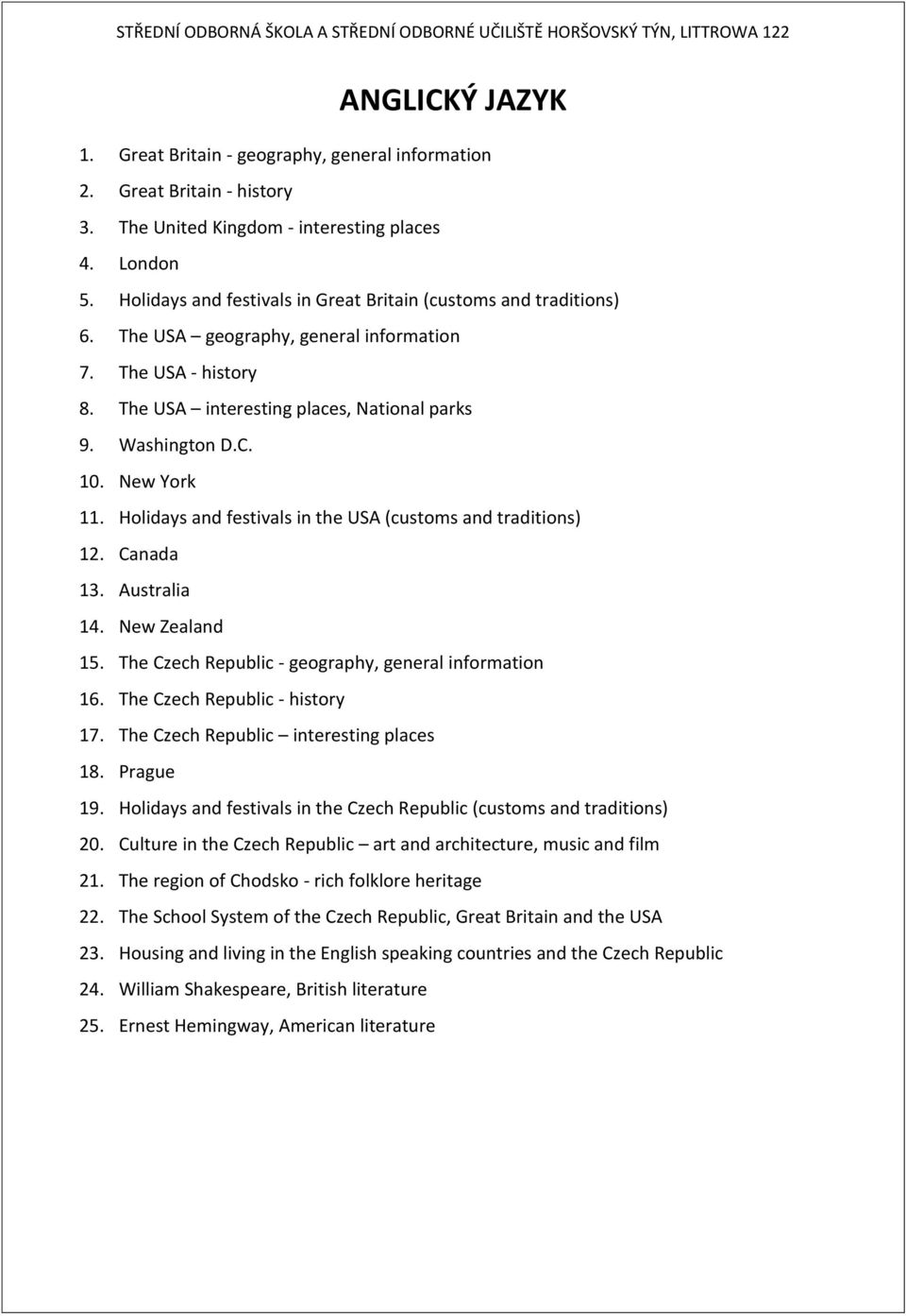 New York 11. Holidays and festivals in the USA (customs and traditions) 12. Canada 13. Australia 14. New Zealand 15. The Czech Republic - geography, general information 16.