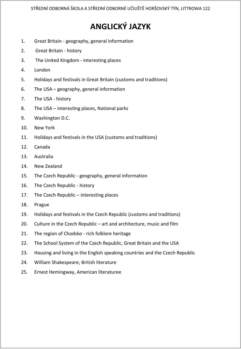 New York 11. Holidays and festivals in the USA (customs and traditions) 12. Canada 13. Australia 14. New Zealand 15. The Czech Republic - geography, general information 16.