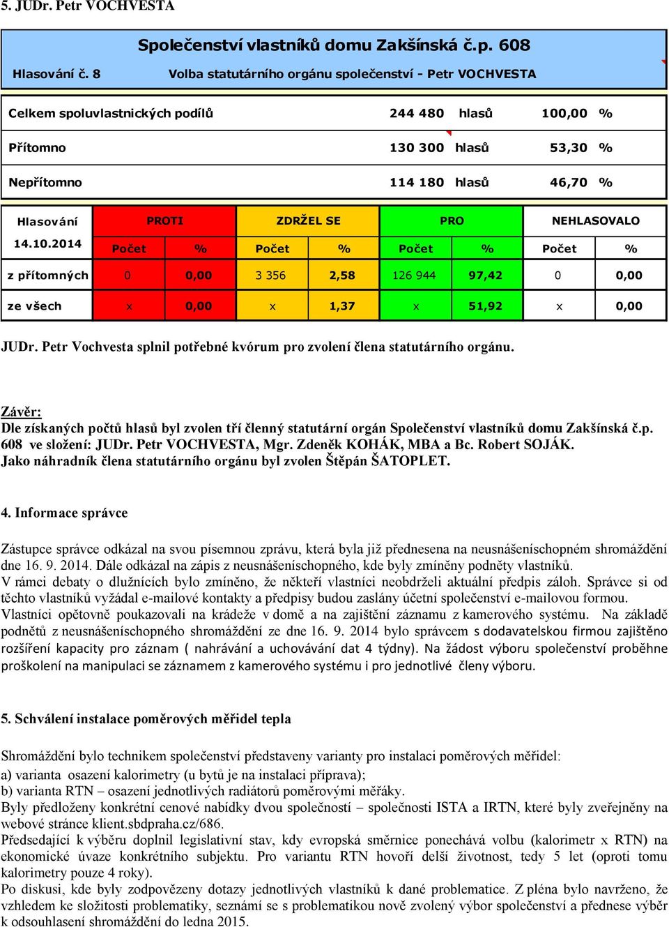 Petr VOCHVESTA, Mgr. Zdeněk KOHÁK, MBA a Bc. Robert SOJÁK. Jako náhradník člena statutárního orgánu byl zvolen Štěpán ŠATOPLET. 4.