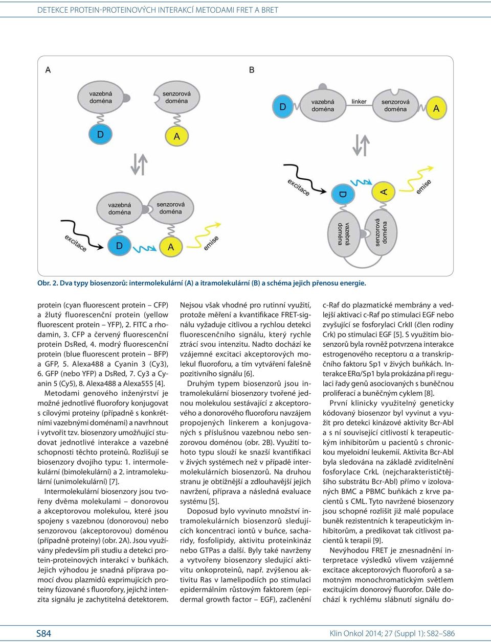 modrý fluorescenční protein (blue fluorescent protein BFP) a GFP, 5. Alexa488 a Cyanin 3 (Cy3), 6. GFP (nebo YFP) a DsRed, 7. Cy3 a Cyanin 5 (Cy5), 8. Alexa488 a Alexa555 [4].