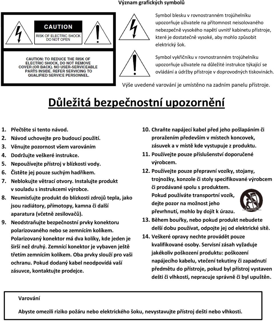 Výše uvedené varování je umístěno na zadním panelu přístroje. Důležitá bezpečnostní upozornění 1. Přečtěte si tento návod. 2. Návod uchovejte pro budoucí použití. 3.