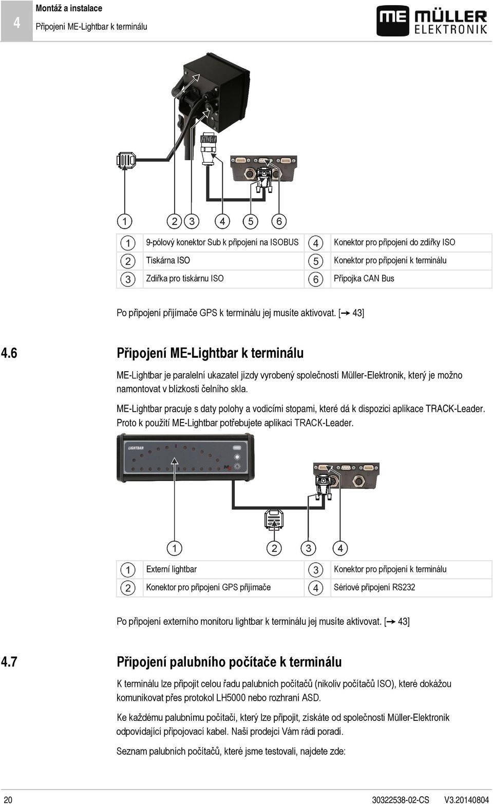 6 Připojení ME-Lightbar k terminálu ME-Lightbar je paralelní ukazatel jízdy vyrobený společností Müller-Elektronik, který je možno namontovat v blízkosti čelního skla.