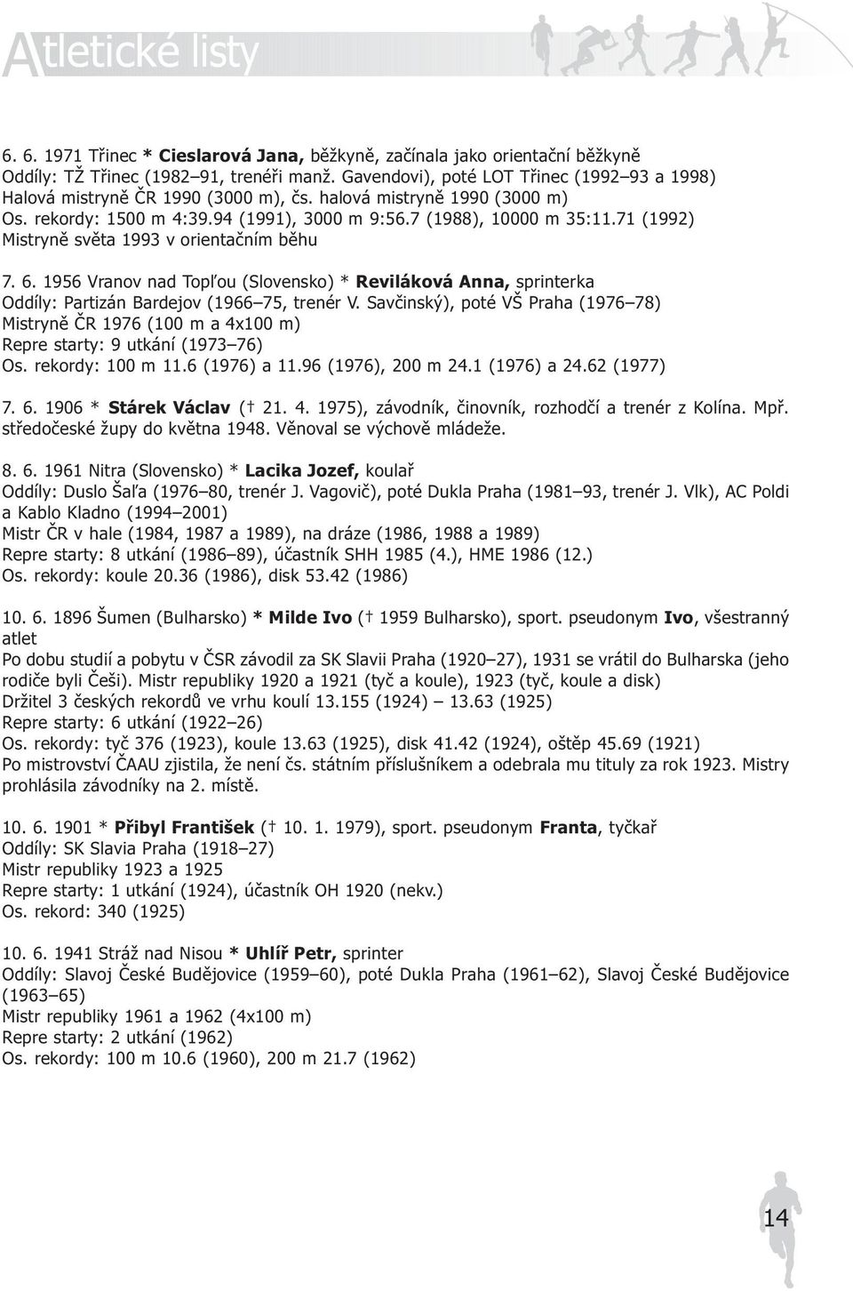 71 (1992) Mistrynì svìta 1993 v orientaèním bìhu 7. 6. 1956 Vranov nad Top¾ou (Slovensko) * Reviláková Anna, sprinterka Oddíly: Partizán Bardejov (1966 75, trenér V.