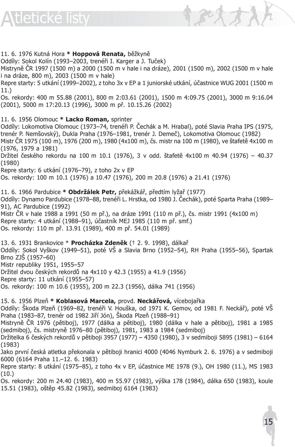 juniorské utkání, úèastnice WUG 2001 (1500 m 11.) Os. rekordy: 400 m 55.88 (2001), 800 m 2:03.61 (2001), 1500 m 4:09.75 (2001), 3000 m 9:16.04 (2001), 5000 m 17:20.13 (1996), 3000 m pø. 10.15.26 (2002) 11.