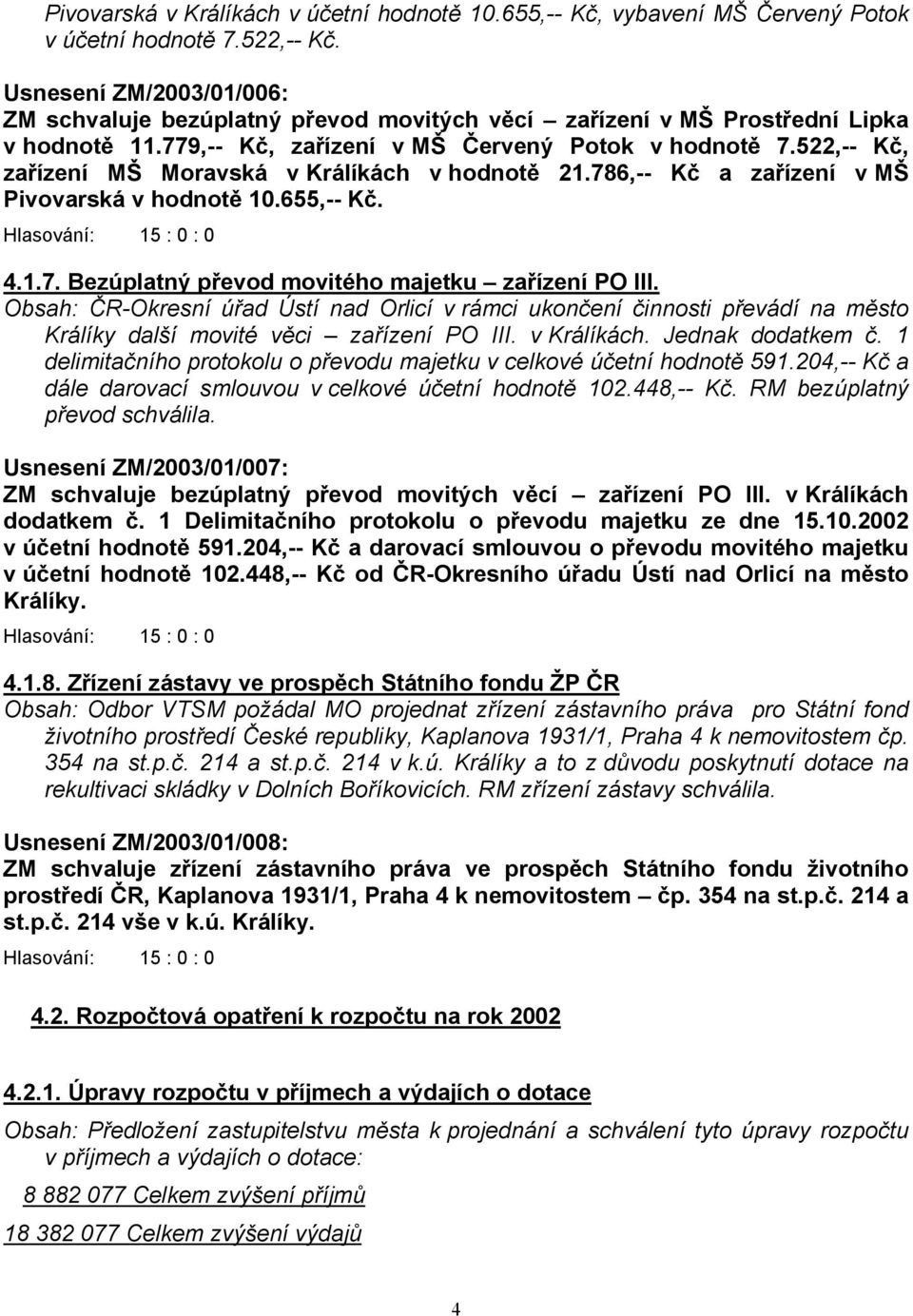 522,-- Kč, zařízení MŠ Moravská v Králíkách v hodnotě 21.786,-- Kč a zařízení v MŠ Pivovarská v hodnotě 10.655,-- Kč. 4.1.7. Bezúplatný převod movitého majetku zařízení PO III.