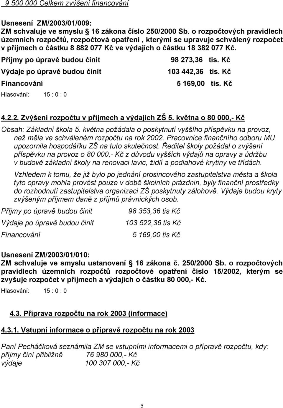 Příjmy po úpravě budou činit Výdaje po úpravě budou činit Financování 98 273,36 tis. Kč 103 442,36 tis. Kč 5 169,00 tis. Kč 4.2.2. Zvýšení rozpočtu v příjmech a výdajích ZŠ 5.