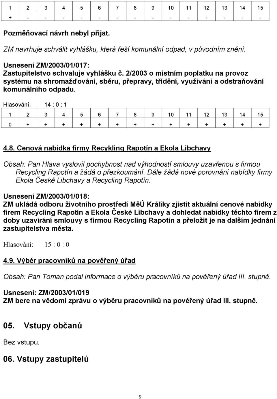 Cenová nabídka firmy Recykling Rapotín a Ekola Libchavy Obsah: Pan Hlava vyslovil pochybnost nad výhodností smlouvy uzavřenou s firmou Recycling Rapotín a žádá o přezkoumání.