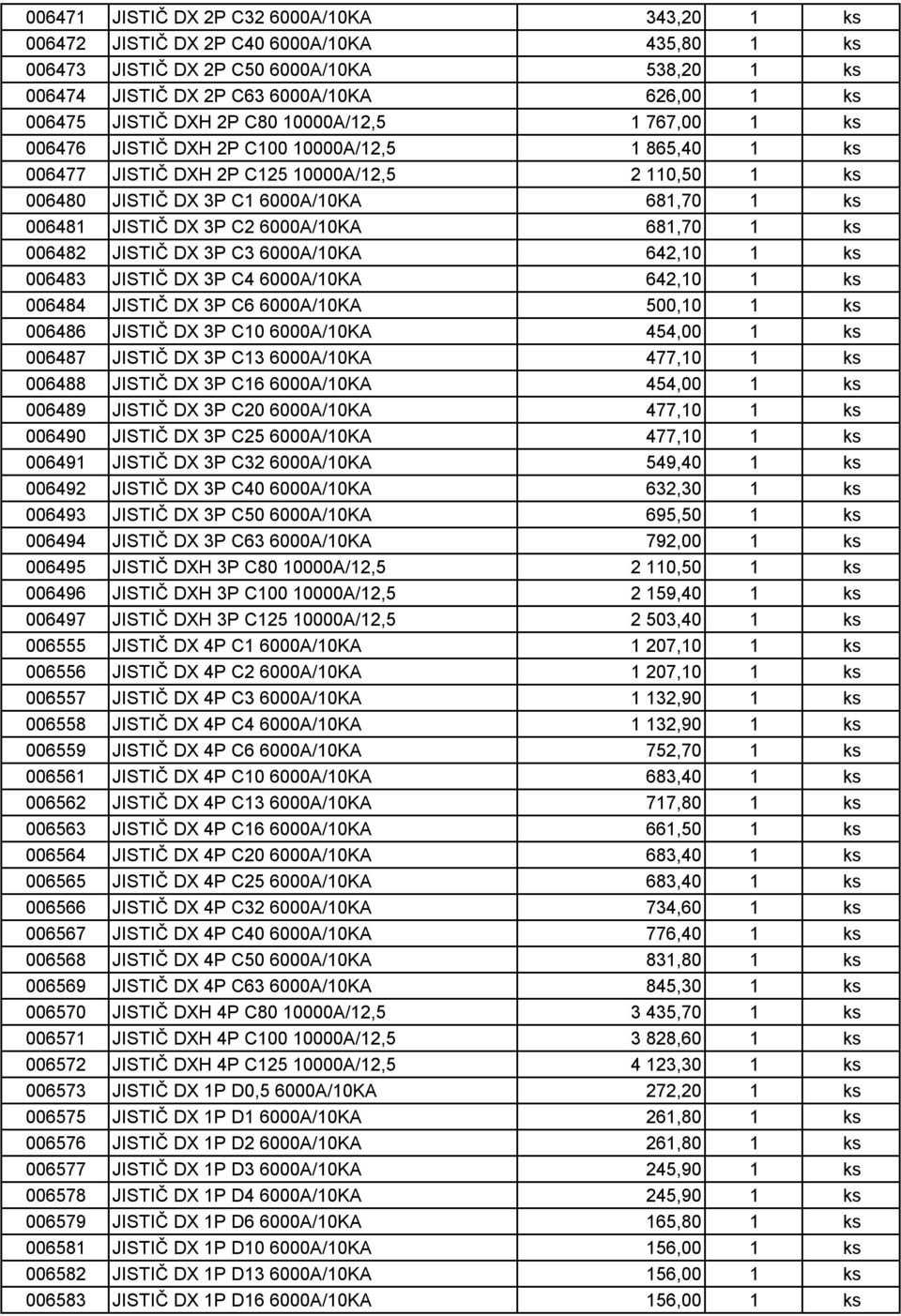 006481 JISTIČ DX 3P C2 6000A/10KA 681,70 1 ks 006482 JISTIČ DX 3P C3 6000A/10KA 642,10 1 ks 006483 JISTIČ DX 3P C4 6000A/10KA 642,10 1 ks 006484 JISTIČ DX 3P C6 6000A/10KA 500,10 1 ks 006486 JISTIČ