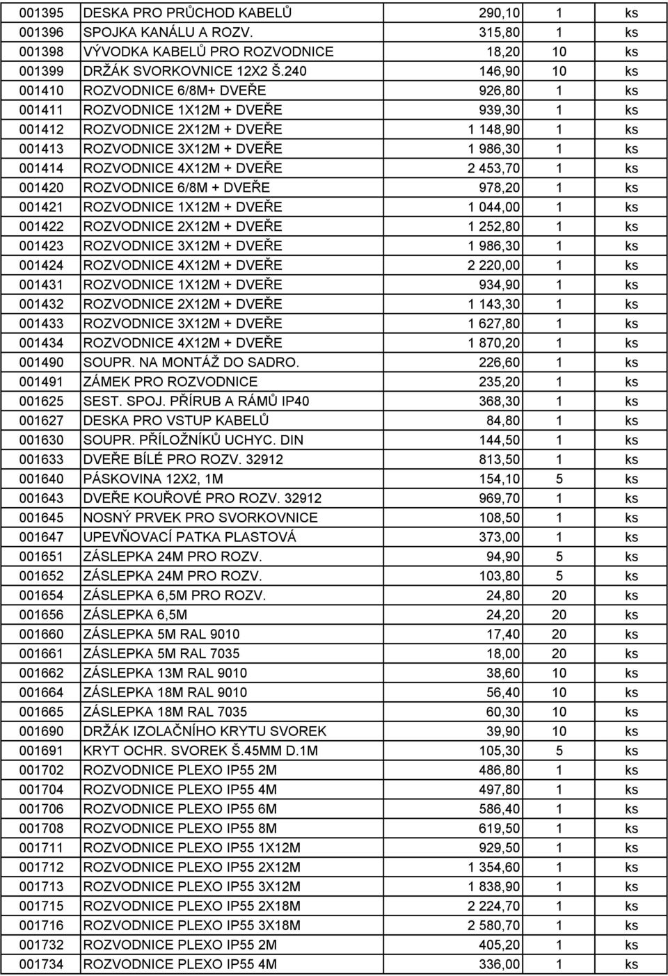 001414 ROZVODNICE 4X12M + DVEŘE 2 453,70 1 ks 001420 ROZVODNICE 6/8M + DVEŘE 978,20 1 ks 001421 ROZVODNICE 1X12M + DVEŘE 1 044,00 1 ks 001422 ROZVODNICE 2X12M + DVEŘE 1 252,80 1 ks 001423 ROZVODNICE