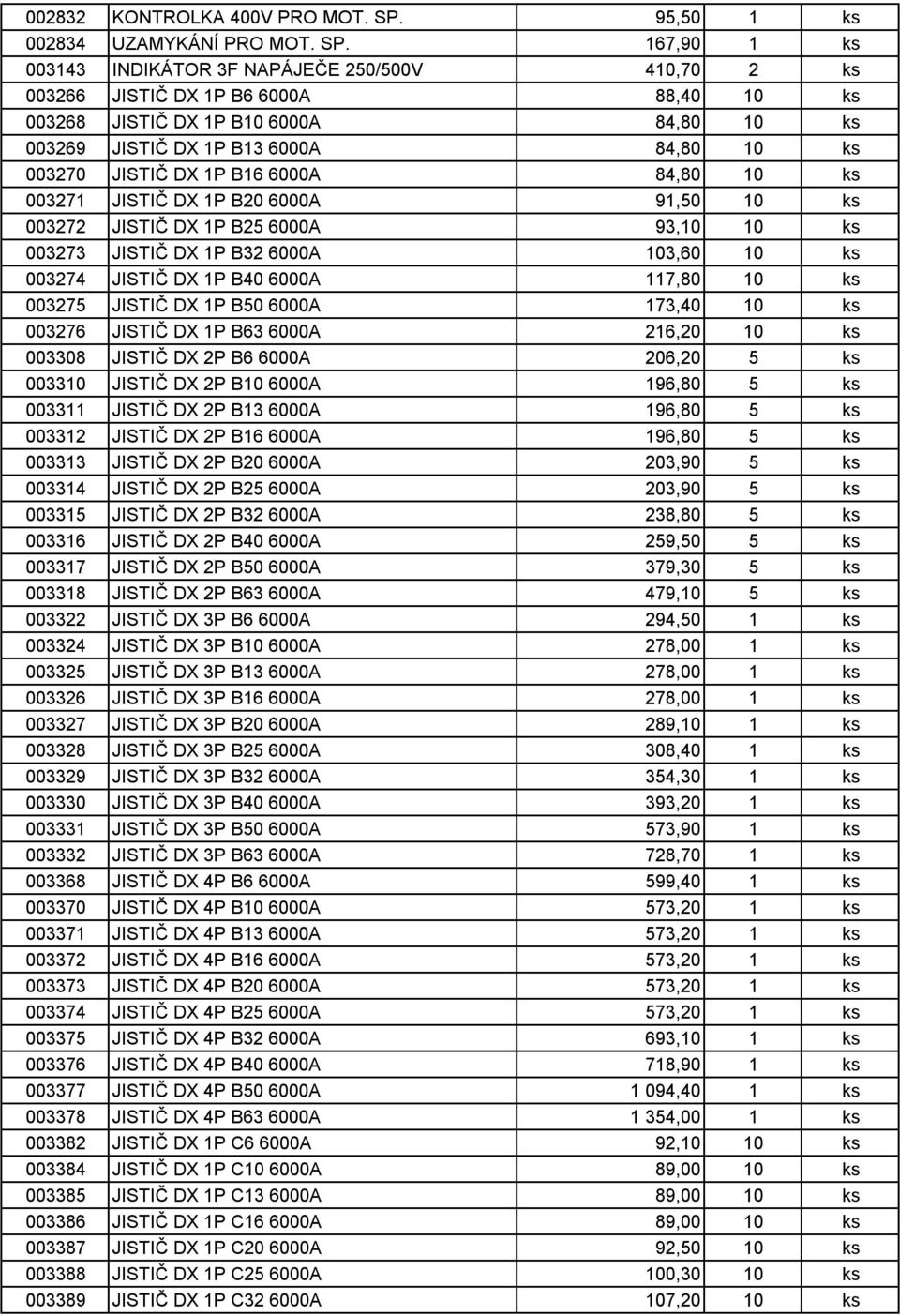 167,90 1 ks 003143 INDIKÁTOR 3F NAPÁJEČE 250/500V 410,70 2 ks 003266 JISTIČ DX 1P B6 6000A 88,40 10 ks 003268 JISTIČ DX 1P B10 6000A 84,80 10 ks 003269 JISTIČ DX 1P B13 6000A 84,80 10 ks 003270