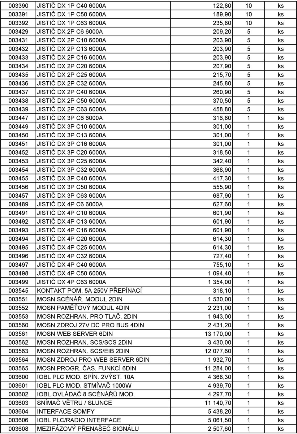 C32 6000A 245,80 5 ks 003437 JISTIČ DX 2P C40 6000A 260,90 5 ks 003438 JISTIČ DX 2P C50 6000A 370,50 5 ks 003439 JISTIČ DX 2P C63 6000A 458,80 5 ks 003447 JISTIČ DX 3P C6 6000A 316,80 1 ks 003449