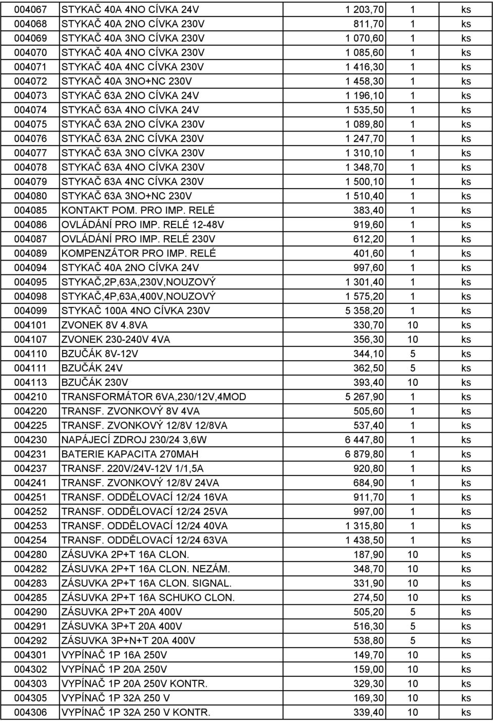 230V 1 089,80 1 ks 004076 STYKAČ 63A 2NC CÍVKA 230V 1 247,70 1 ks 004077 STYKAČ 63A 3NO CÍVKA 230V 1 310,10 1 ks 004078 STYKAČ 63A 4NO CÍVKA 230V 1 348,70 1 ks 004079 STYKAČ 63A 4NC CÍVKA 230V 1