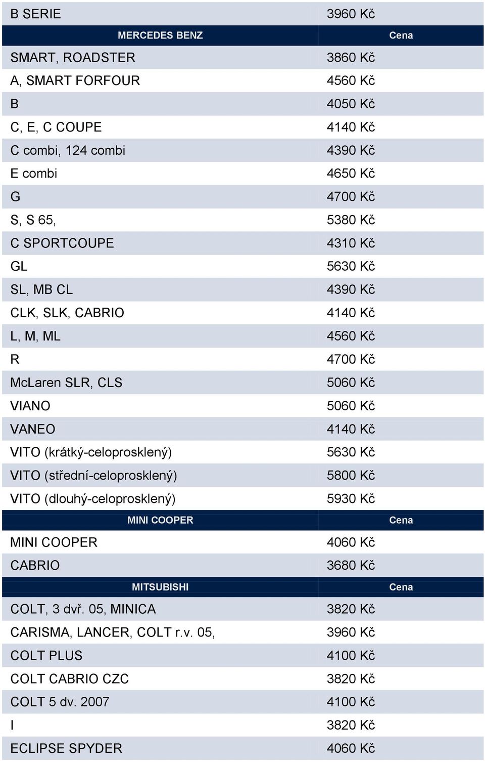 (krátký-celoprosklený) 5630 Kč VITO (střední-celoprosklený) 5800 Kč VITO (dlouhý-celoprosklený) 5930 Kč MINI COOPER MINI COOPER