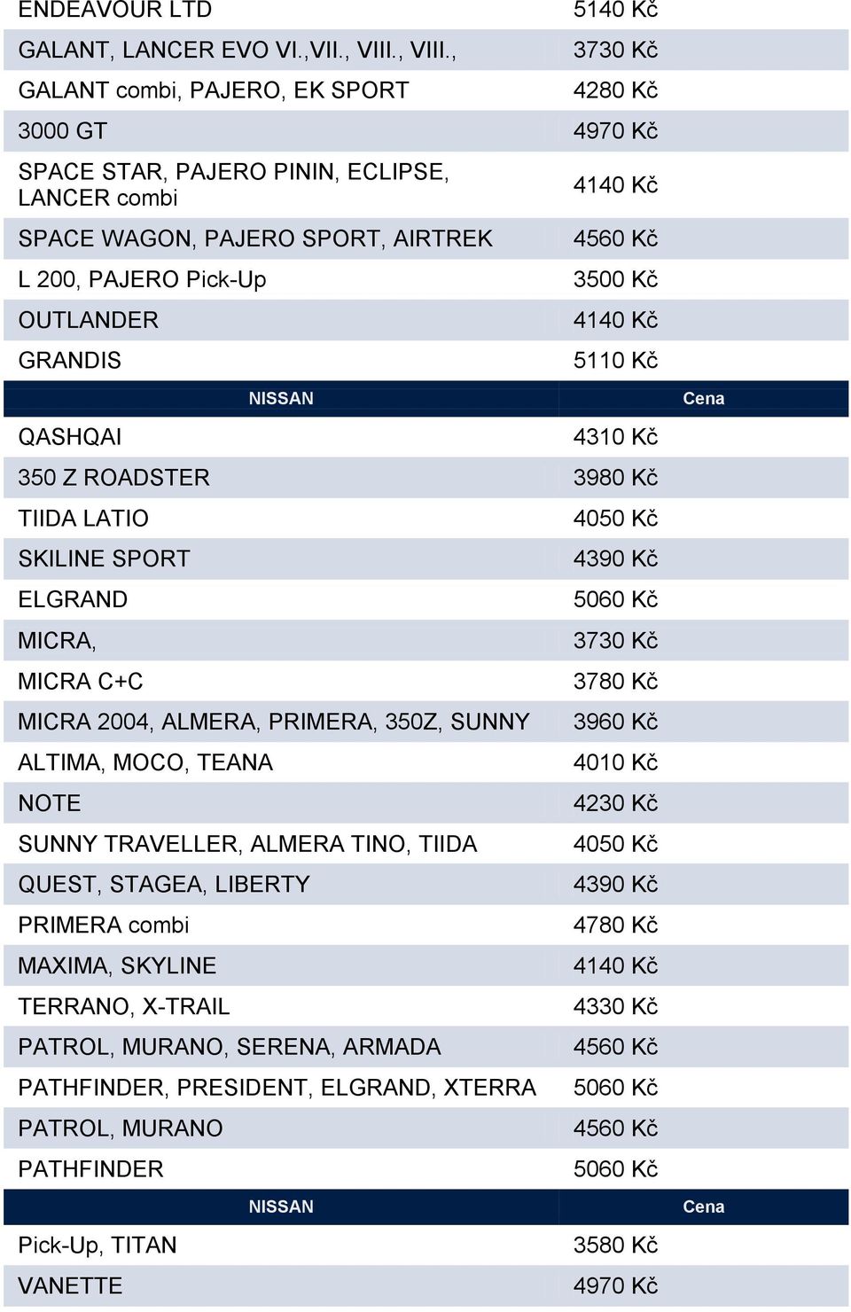 , GALANT combi, PAJERO, EK SPORT 5140 Kč 4280 Kč 3000 GT SPACE STAR, PAJERO PININ, ECLIPSE, LANCER combi SPACE WAGON, PAJERO SPORT, AIRTREK L 200, PAJERO Pick-Up OUTLANDER