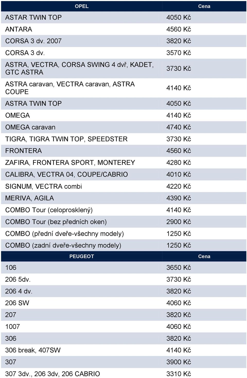 SPEEDSTER FRONTERA ZAFIRA, FRONTERA SPORT, MONTEREY CALIBRA, VECTRA 04, COUPE/CABRIO SIGNUM, VECTRA combi MERIVA, AGILA COMBO Tour (celoprosklený) COMBO Tour