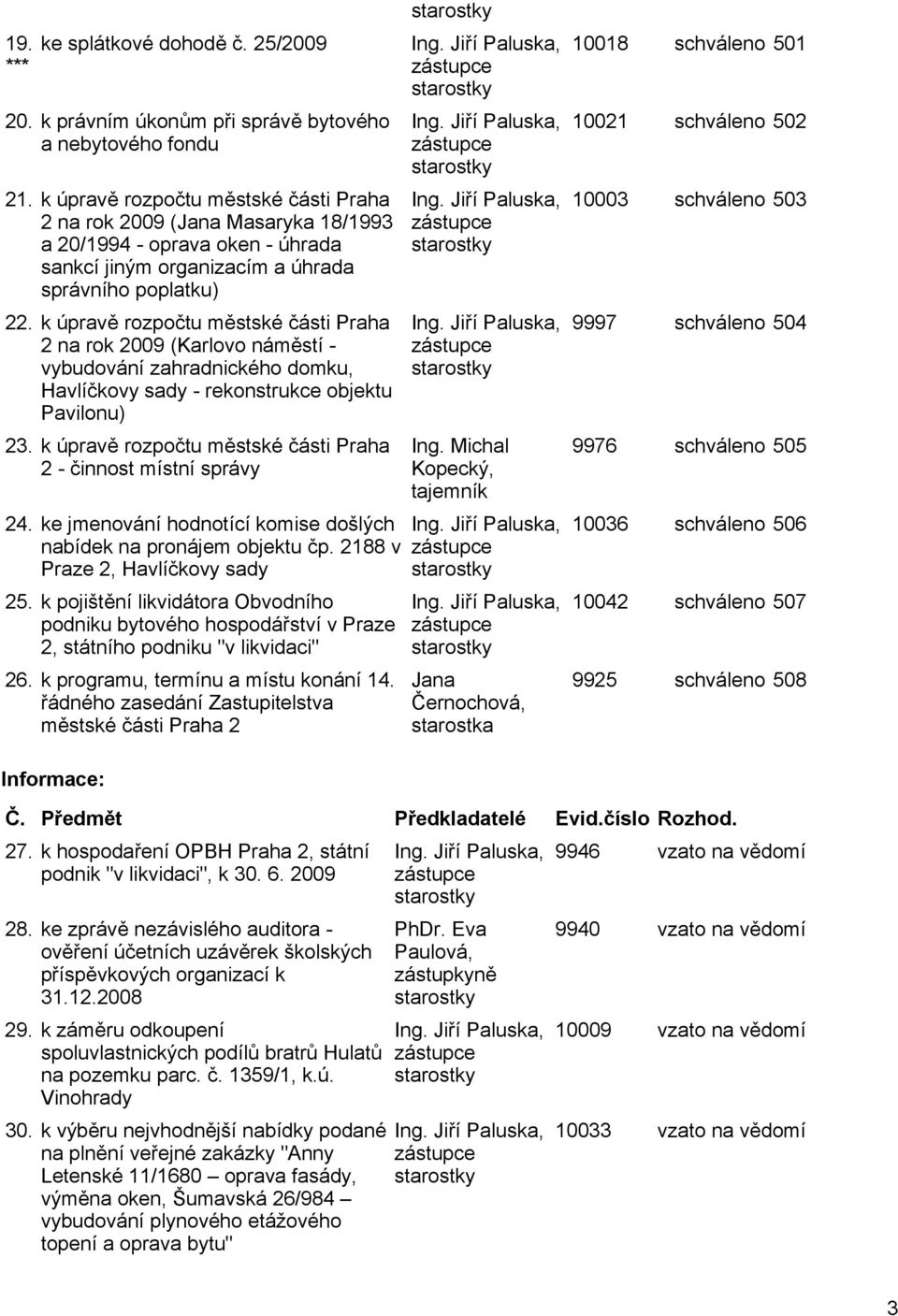 k úpravě rozpočtu městské části Praha 2 na rok 2009 (Karlovo náměstí - vybudování zahradnického domku, Havlíčkovy sady - rekonstrukce objektu Pavilonu) 23.