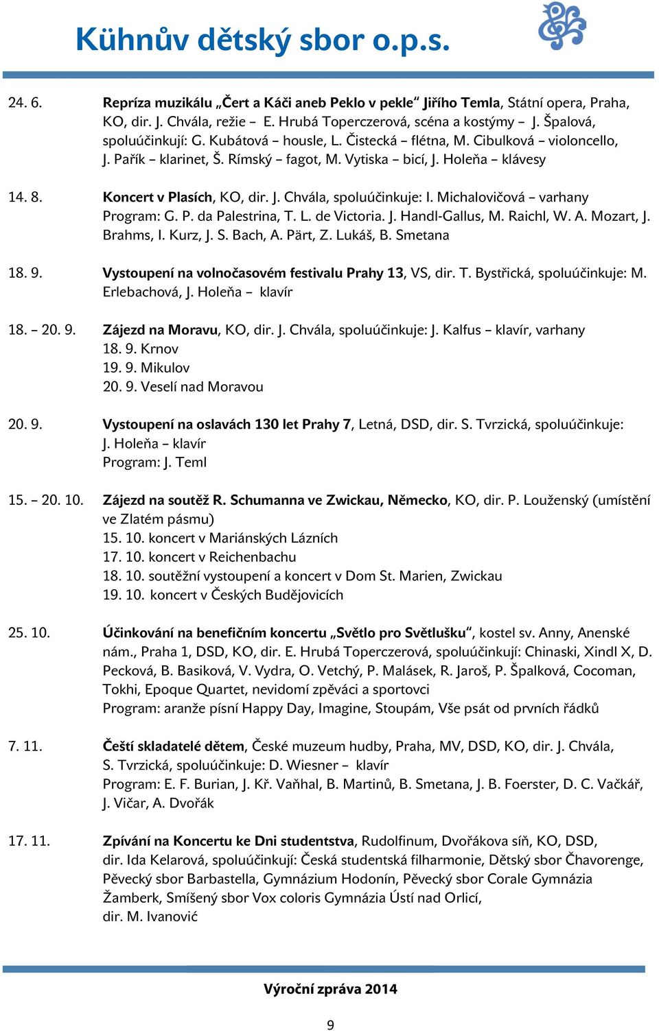 Michalovičová varhany Program: G. P. da Palestrina, T. L. de Victoria. J. Handl-Gallus, M. Raichl, W. A. Mozart, J. Brahms, I. Kurz, J. S. Bach, A. Pärt, Z. Lukáš, B. Smetana 18. 9.