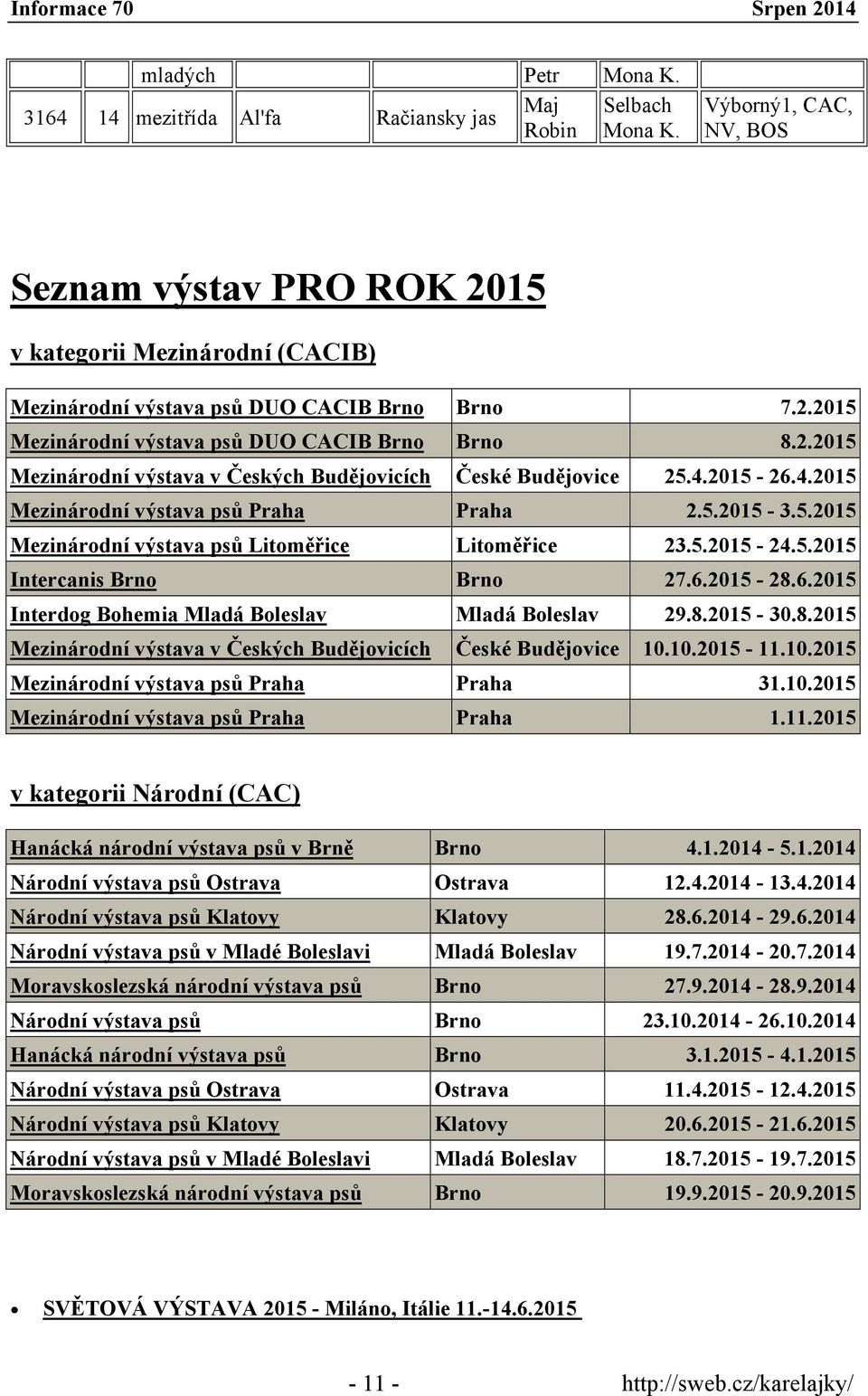 4.2015-26.4.2015 Mezinárodní výstava psů Praha Praha 2.5.2015-3.5.2015 Mezinárodní výstava psů Litoměřice Litoměřice 23.5.2015-24.5.2015 Intercanis Brno Brno 27.6.2015-28.6.2015 Interdog Bohemia Mladá Boleslav Mladá Boleslav 29.