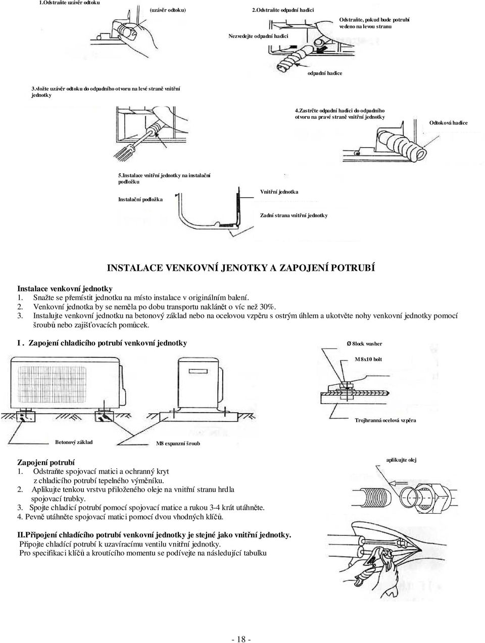 Instalace vnitřní jednotky na instalační podložku Instalační podložka Vnitřní jednotka Zadní strana vnitřní jednotky INSTALACE VENKOVNÍ JENOTKY A ZAPOJENÍ POTRUBÍ Instalace venkovní jednotky 1.