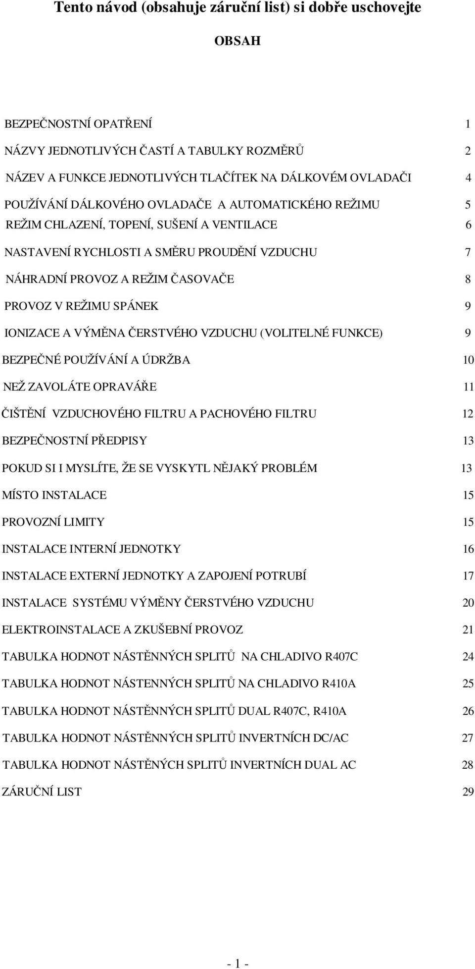 SPÁNEK 9 IONIZACE A VÝMĚNA ČERSTVÉHO VZDUCHU (VOLITELNÉ FUNKCE) 9 BEZPEČNÉ POUŽÍVÁNÍ A ÚDRŽBA 10 NEŽ ZAVOLÁTE OPRAVÁŘE 11 ČIŠTĚNÍ VZDUCHOVÉHO FILTRU A PACHOVÉHO FILTRU 12 BEZPEČNOSTNÍ PŘEDPISY 13