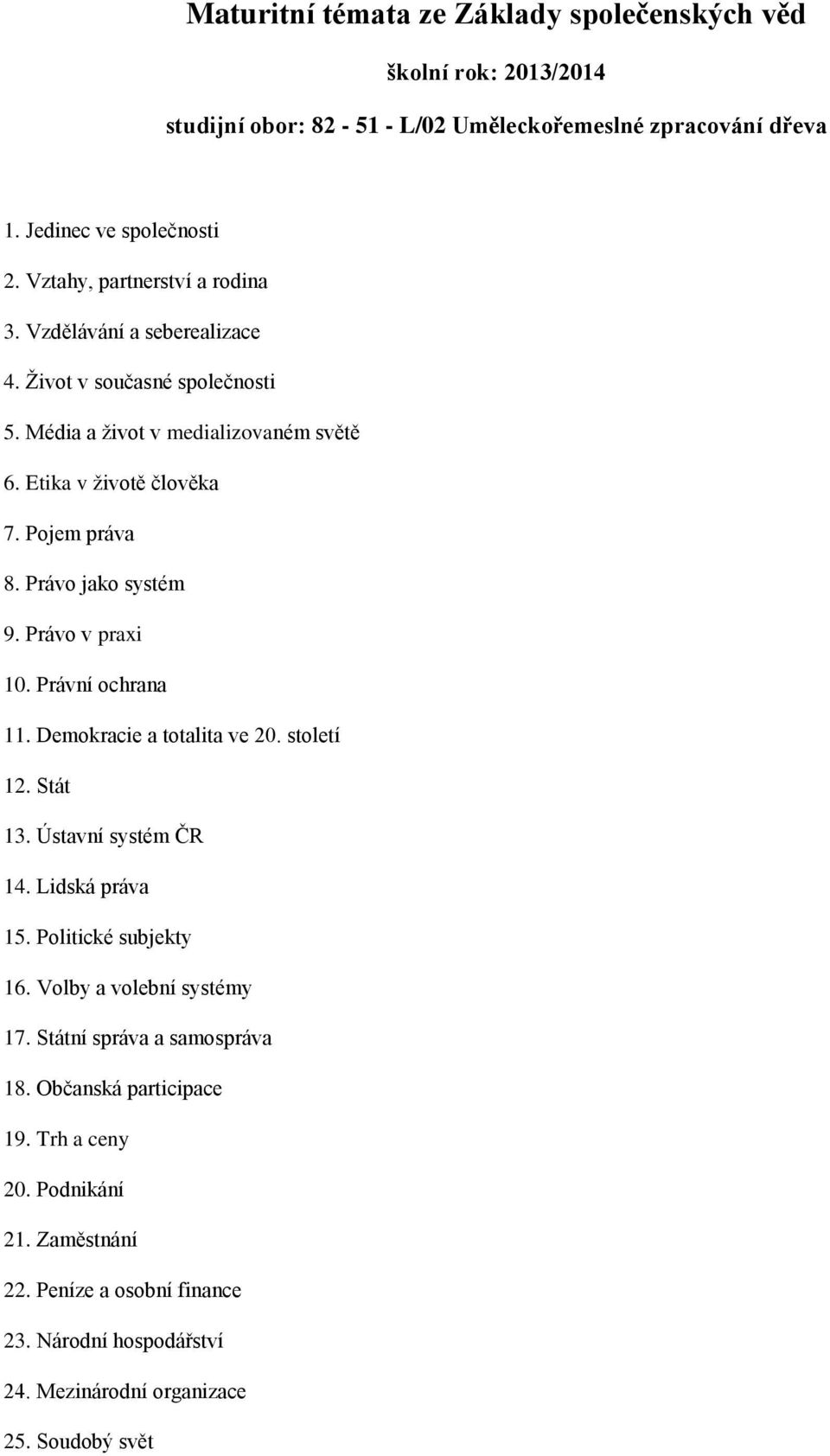 Právní ochrana 11. Demokracie a totalita ve 20. století 12. Stát 13. Ústavní systém ČR 14. Lidská práva 15. Politické subjekty 16. Volby a volební systémy 17.