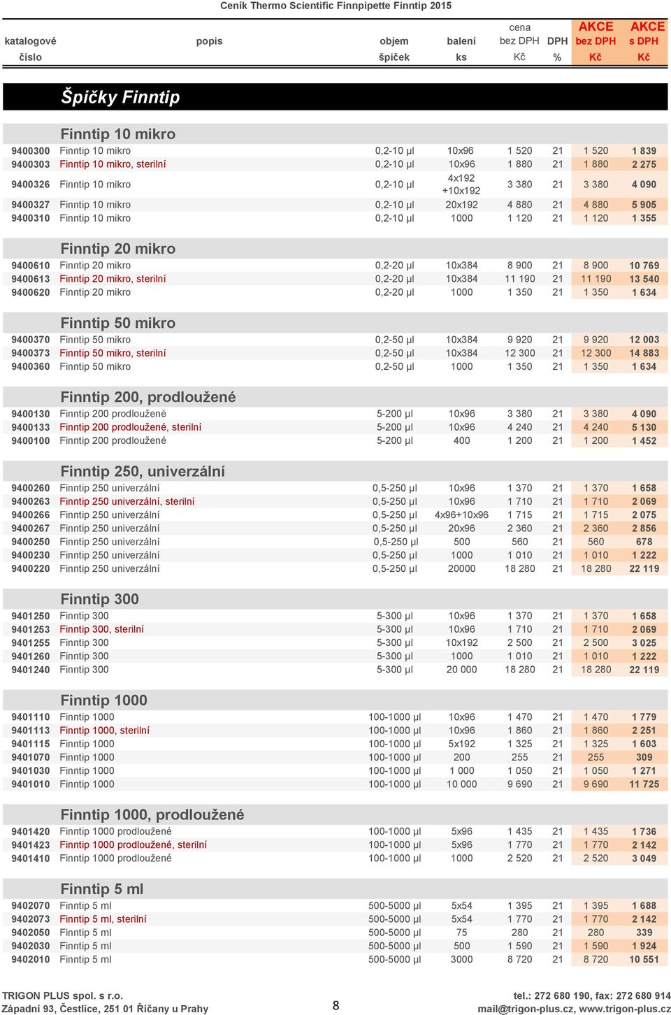 mikro 0,2-20 µl 10x384 8 900 21 8 900 10 769 9400613 Finntip 20 mikro, sterilní 0,2-20 µl 10x384 11 190 21 11 190 13 540 9400620 Finntip 20 mikro 0,2-20 µl 1000 1 350 21 1 350 1 634 Finntip 50 mikro