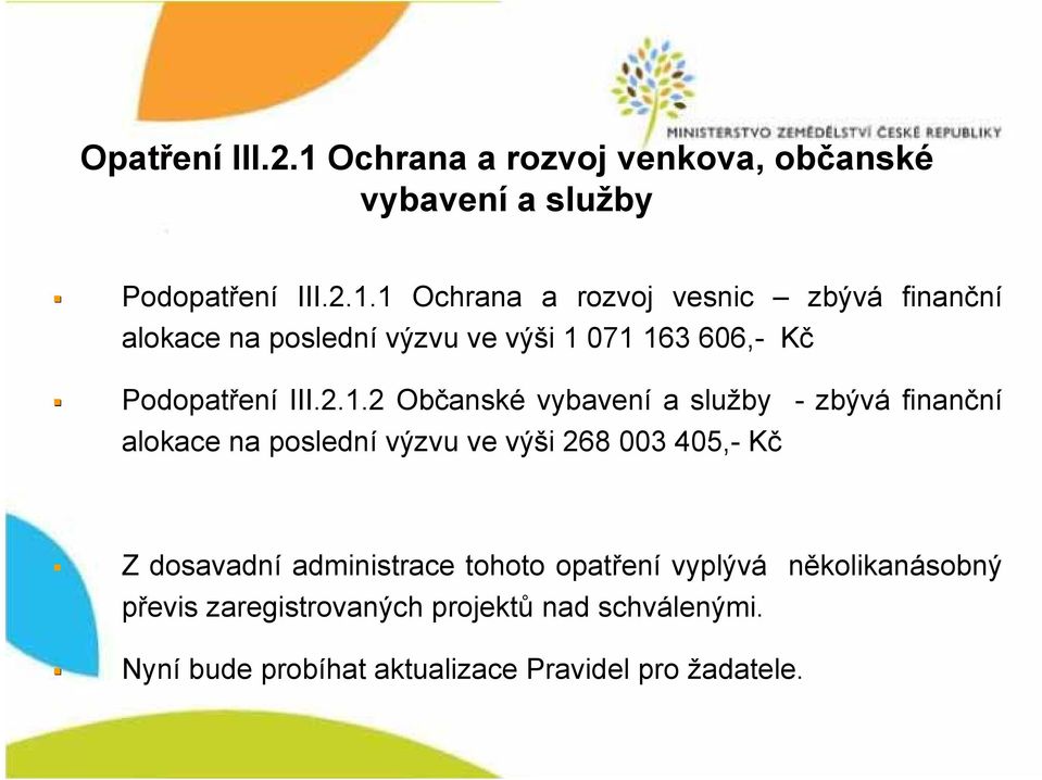 1 Ochrana a rozvoj vesnic zbývá finanční alokace na poslední výzvu ve výši 1 071 163 606,- Kč Podopatřen ení III.2.1.2