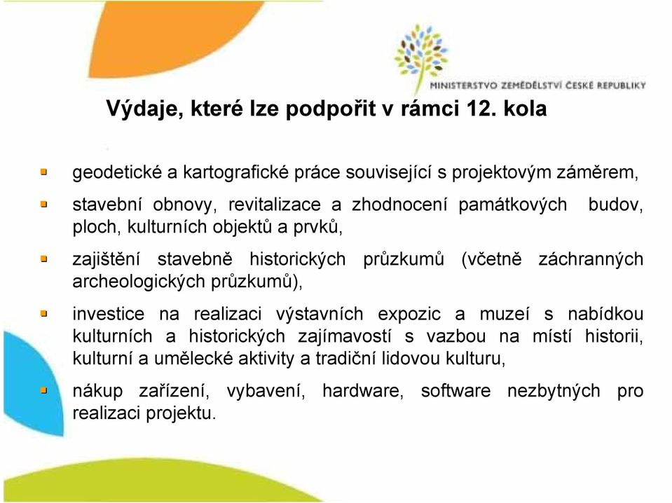 kulturních objektů a prvků, zajištění stavebně historických průzkum zkumů (včetn etně archeologických průzkum zkumů), záchranných investice na