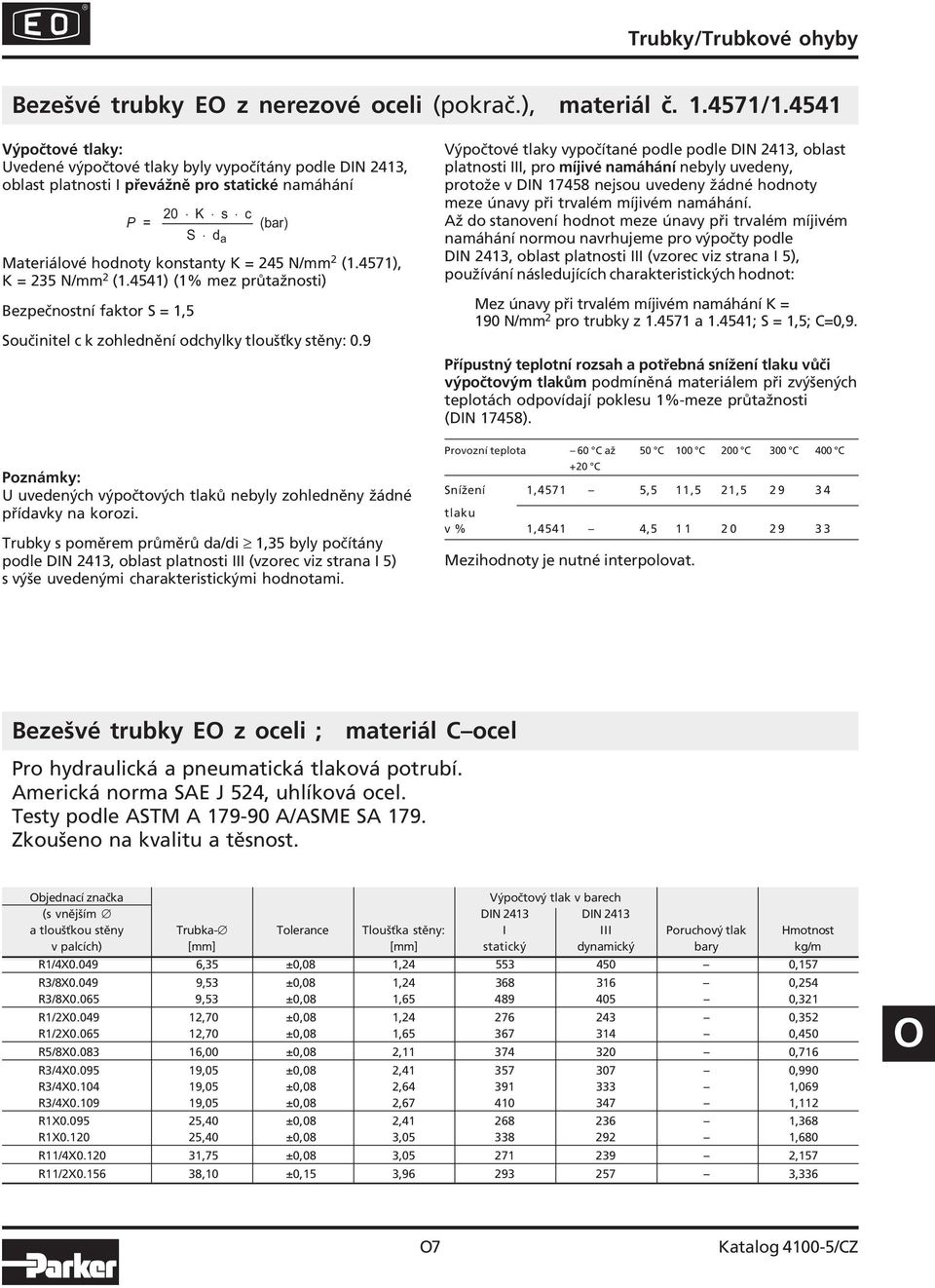 4571), K = 235 N/mm 2 (1.4541) (1% mez průtažnosti) Bezpečnostní faktor S = 1,5 P = 20 K s c (bar) S da Součinitel c k zohlednění odchylky tloušťky stěny: 0.