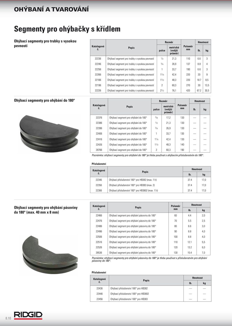 pevností 1 /2 21, 110 6.6 22246 Ohýbací segment pro trubky s vysokou pevností /4 26,9 17 8.8 4 22256 Ohýbací segment pro trubky s vysokou pevností 1,7 190 6.