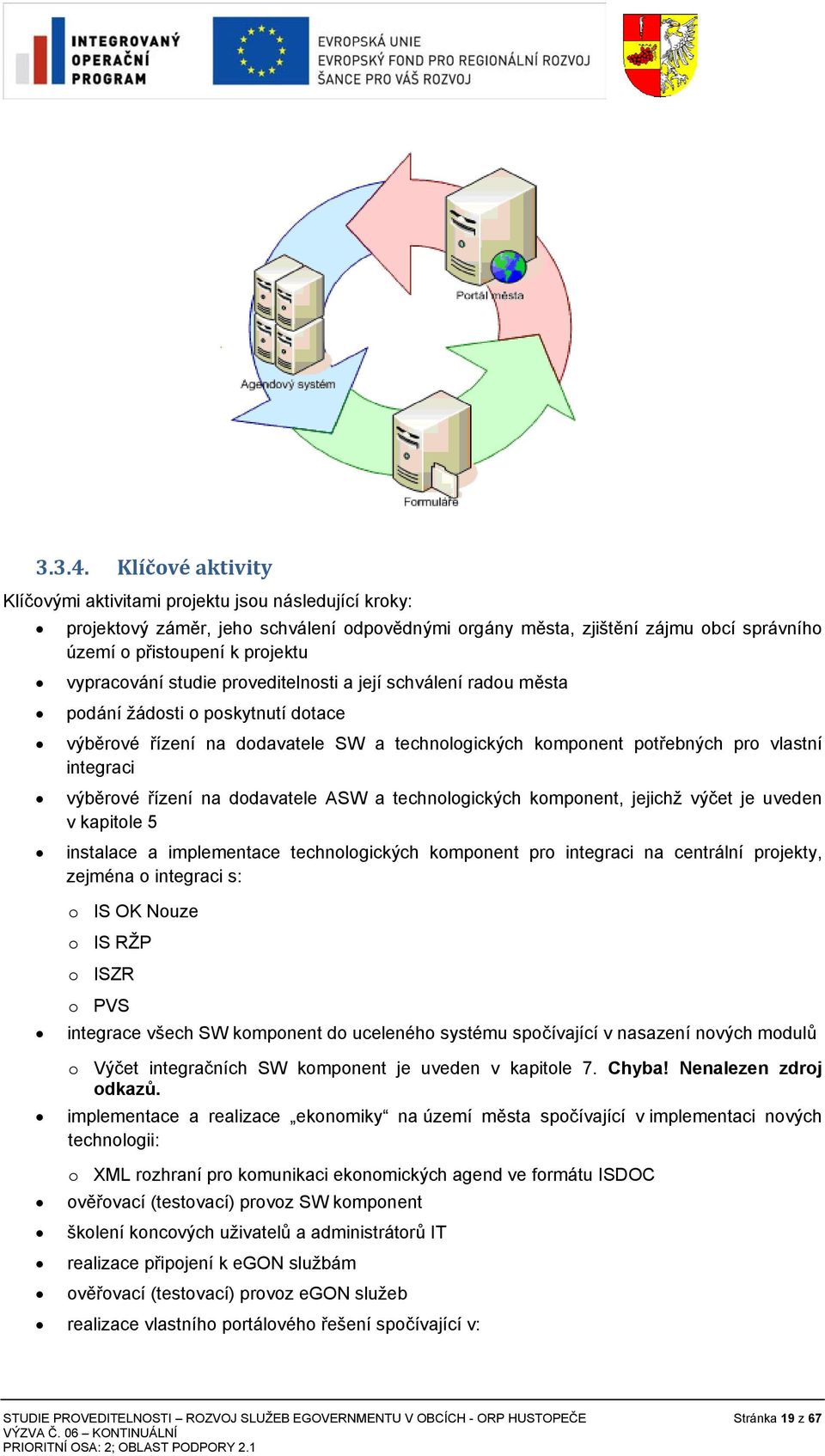 vypracování studie proveditelnosti a její schválení radou města podání žádosti o poskytnutí dotace výběrové řízení na dodavatele SW a technologických komponent potřebných pro vlastní integraci