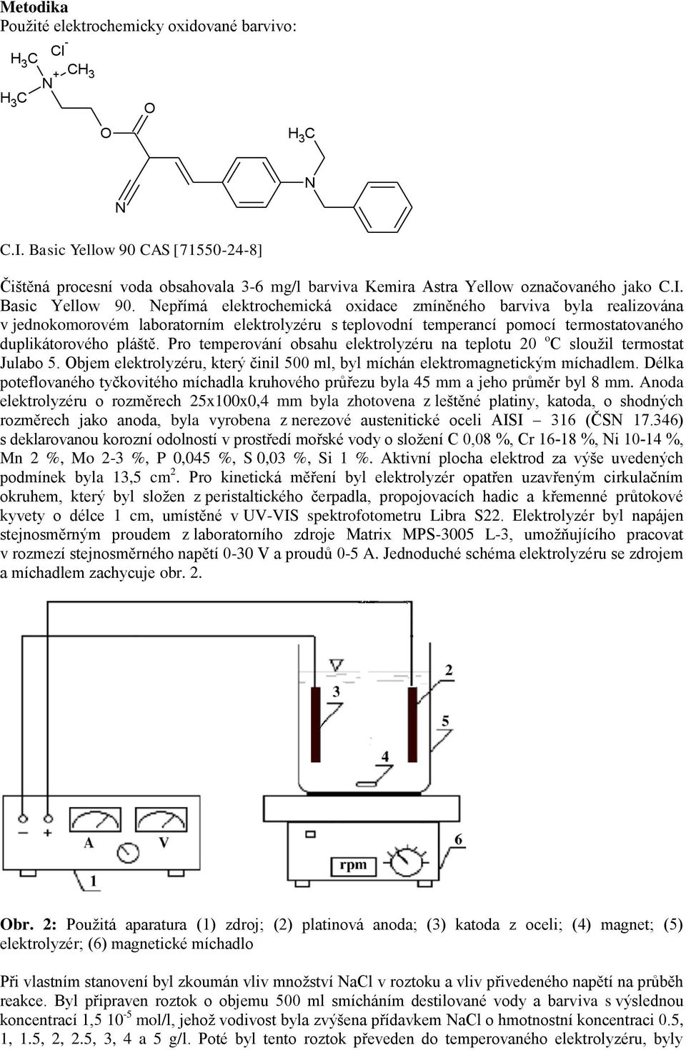 Nepřímá elektrochemická oxidace zmíněného barviva byla realizována v jednokomorovém laboratorním elektrolyzéru s teplovodní temperancí pomocí termostatovaného duplikátorového pláště.