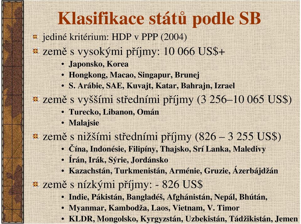 3 255 US$) Čína, Indonésie, Filipíny, Thajsko, Srí Lanka, Maledivy Írán, Irák, Sýrie, Jordánsko Kazachstán, Turkmenistán, Arménie, Gruzie, Ázerbájdžán země s