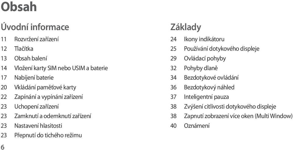 Přepnutí do tichého režimu 6 Základy 24 Ikony indikátoru 25 Používání dotykového displeje 29 Ovládací pohyby 32 Pohyby dlaně 34 Bezdotykové