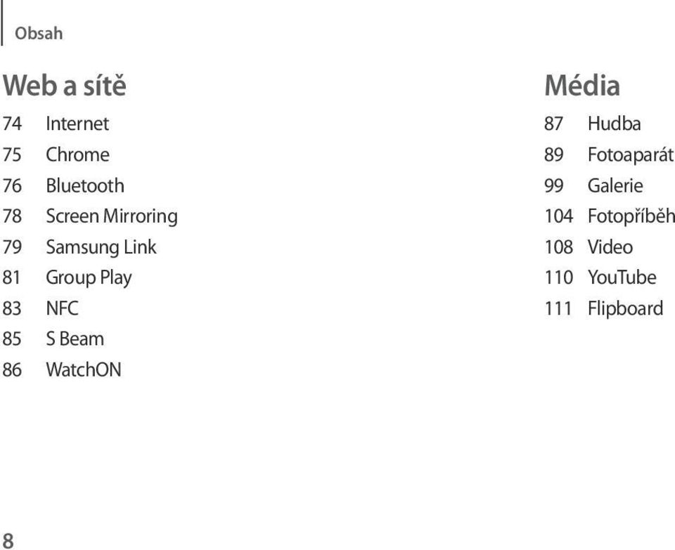 85 S Beam 86 WatchON Média 87 Hudba 89 Fotoaparát 99