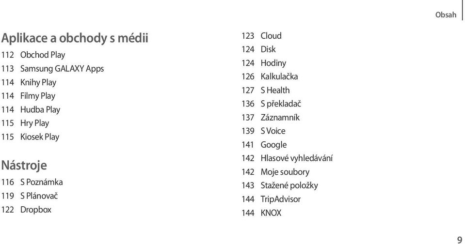 Dropbox 123 Cloud 124 Disk 124 Hodiny 126 Kalkulačka 127 S Health 136 S překladač 137 Záznamník