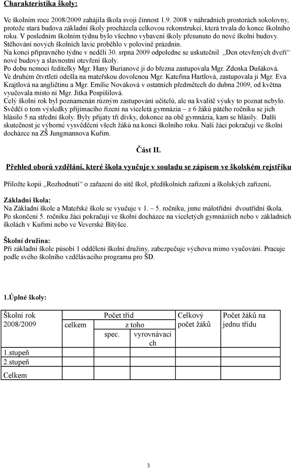 srpna 2009 odpoledne se uskutečnil Den otevřených dveří nové budovy a slavnostní otevření školy. Po dobu nemoci ředitelky Mgr. Hany Burianové ji do března zastupovala Mgr. Zdenka Dušáková.