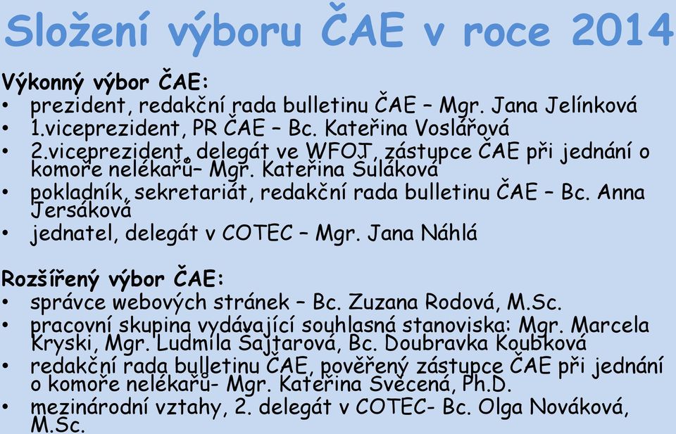 Anna Jersáková jednatel, delegát v COTEC Mgr. Jana Náhlá Rozšířený výbor ČAE: správce webových stránek Bc. Zuzana Rodová, M.Sc. pracovní skupina vydávající souhlasná stanoviska: Mgr.