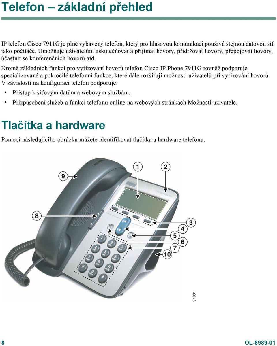 Kromě základních funkcí pro vyřizování hovorů telefon Cisco IP Phone 7911G rovněž podporuje specializované a pokročilé telefonní funkce, které dále rozšiřují možnosti uživatelů při vyřizování