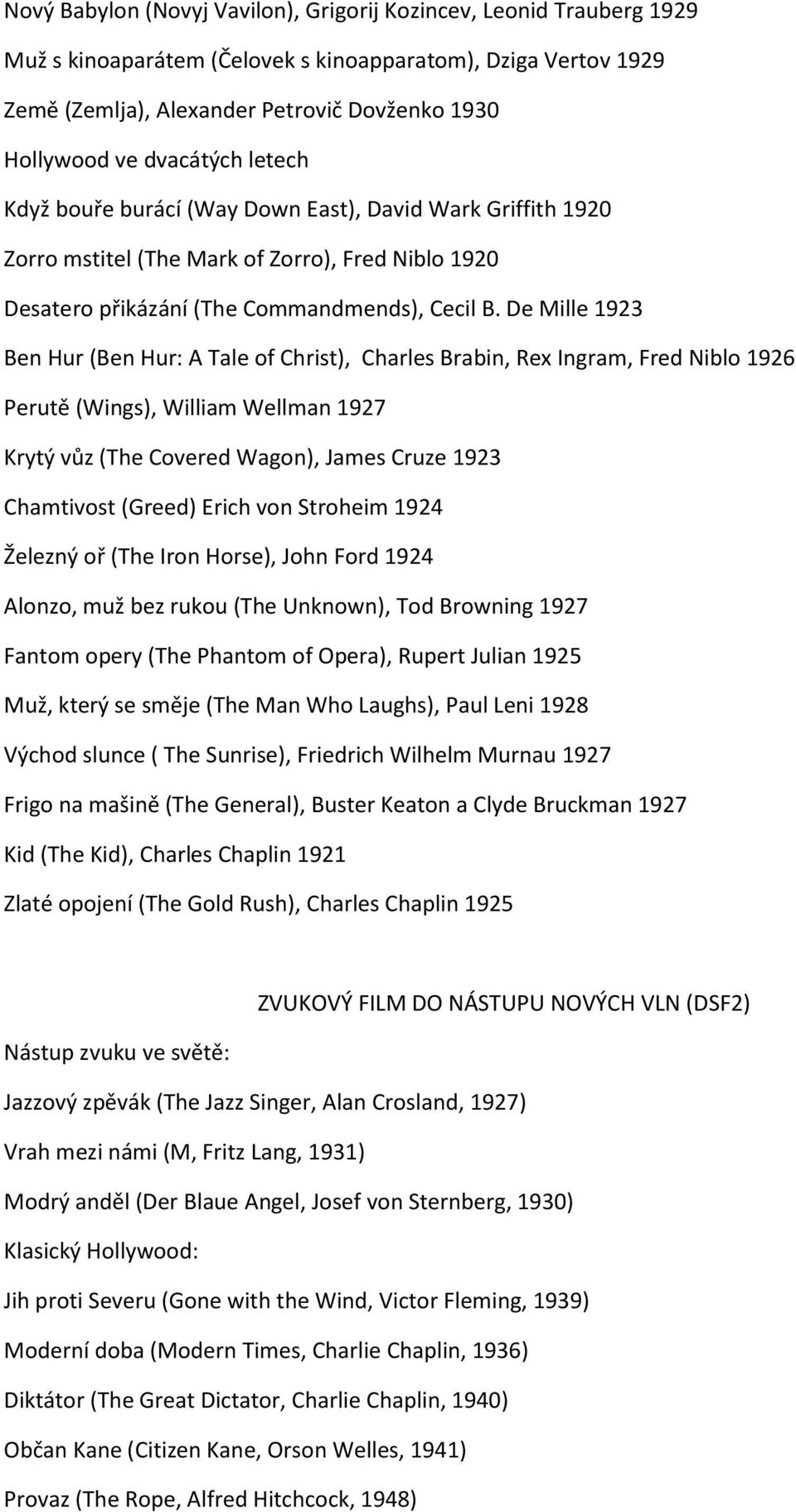 De Mille 1923 Ben Hur (Ben Hur: A Tale of Christ), Charles Brabin, Rex Ingram, Fred Niblo 1926 Perutě (Wings), William Wellman 1927 Krytý vůz (The Covered Wagon), James Cruze 1923 Chamtivost (Greed)