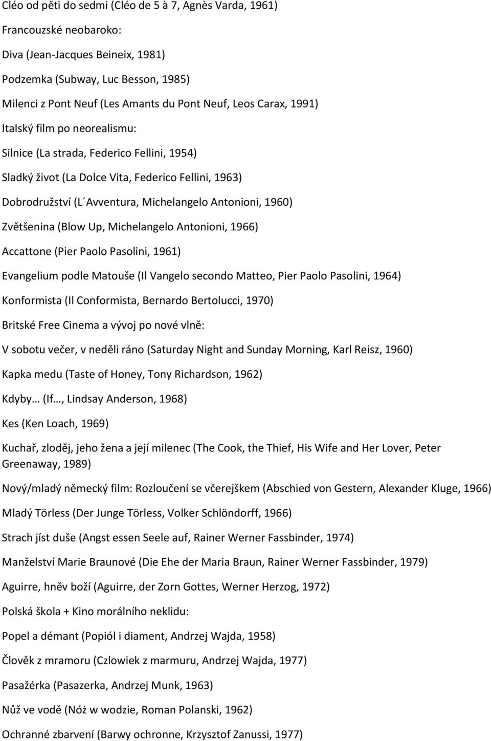 1960) Zvětšenina (Blow Up, Michelangelo Antonioni, 1966) Accattone (Pier Paolo Pasolini, 1961) Evangelium podle Matouše (Il Vangelo secondo Matteo, Pier Paolo Pasolini, 1964) Konformista (Il