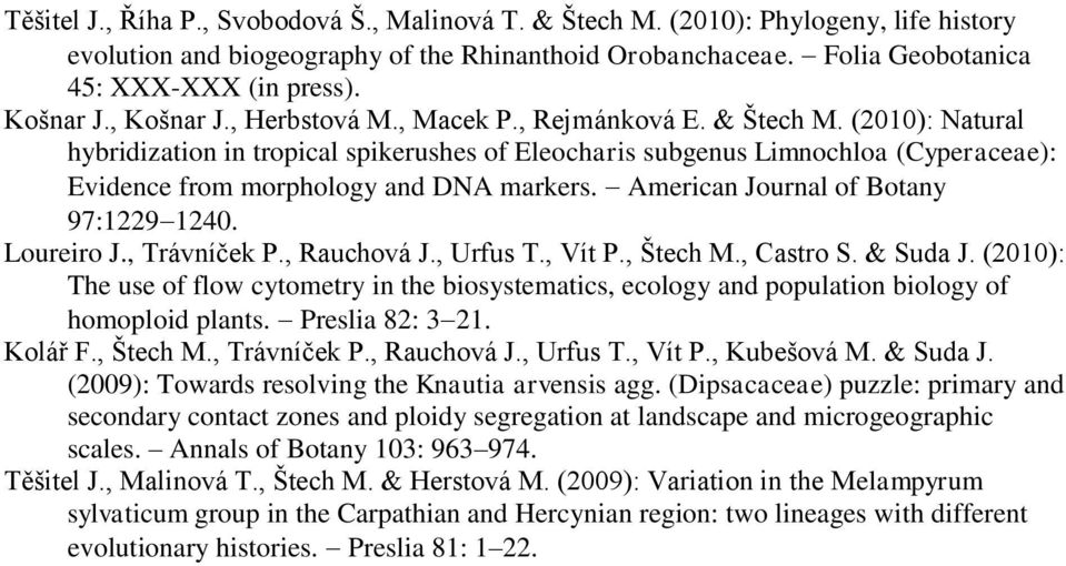 (2010): Natural hybridization in tropical spikerushes of Eleocharis subgenus Limnochloa (Cyperaceae): Evidence from morphology and DNA markers. American Journal of Botany 97:1229 1240. Loureiro J.