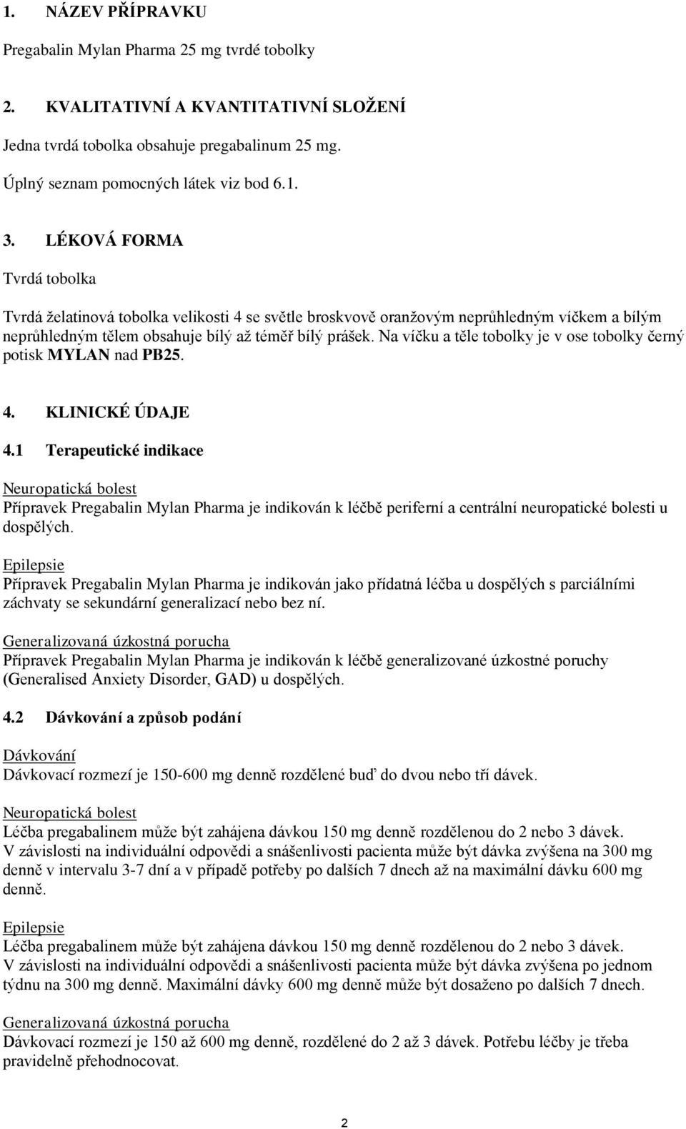 Na víčku a těle tobolky je v ose tobolky černý potisk MYLAN nad PB25. 4. KLINICKÉ ÚDAJE 4.