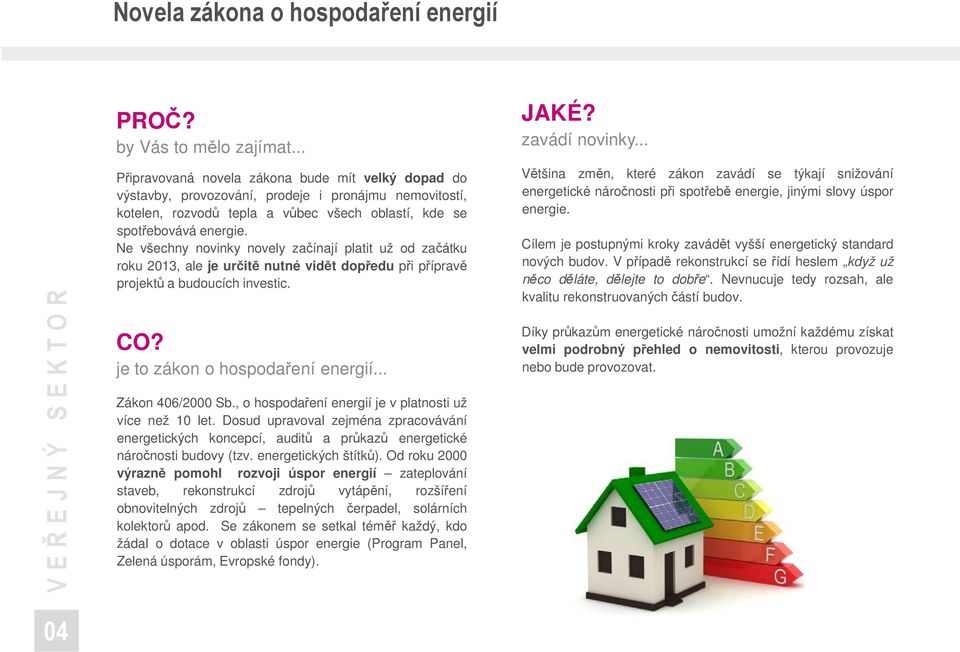 Ne všechny novinky novely začínají platit už od začátku roku 2013, ale je určitě nutné vidět dopředu při přípravě projektů a budoucích investic. CO? je to zákon o hospodaření energií.