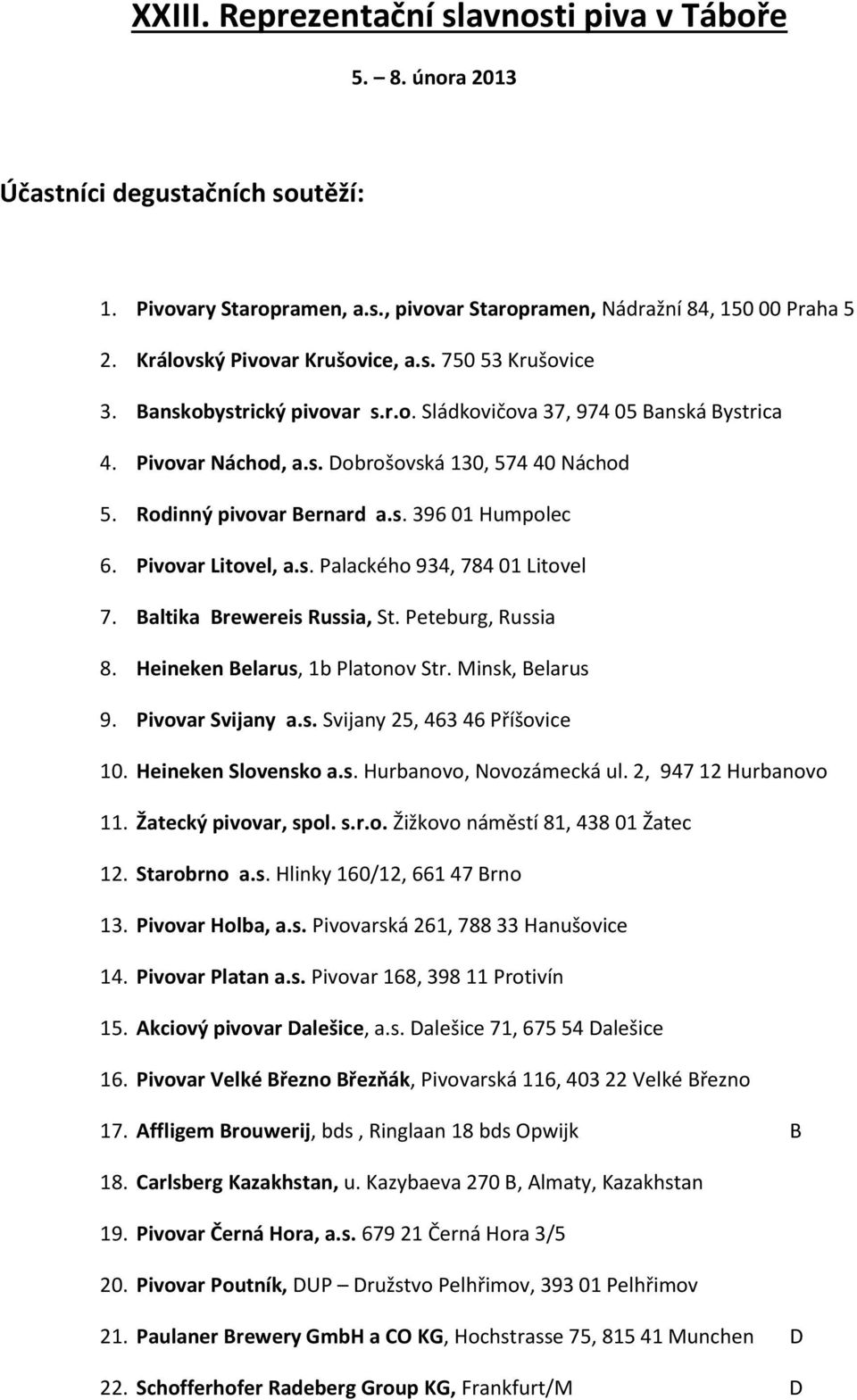 Rodinný pivovar Bernard a.s. 396 01 Humpolec 6. Pivovar Litovel, a.s. Palackého 934, 784 01 Litovel 7. Baltika Brewereis Russia, St. Peteburg, Russia 8. Heineken Belarus, 1b Platonov Str.