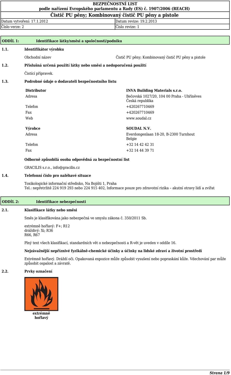 soudal.cz SOUDAL N.V. Telefon +32 14 42 42 31 Fax +32 14 44 39 71 Odborně způsobilá osoba odpovědná za bezpečnostní list GRACILIS s.r.o., info@gracilis.cz 1.4. Telefonní číslo pro naléhavé situace Everdongenlaan 18-20, B-2300 Turnhout Belgie Toxikologické informační středisko, Na Bojišti 1, Praha Tel.
