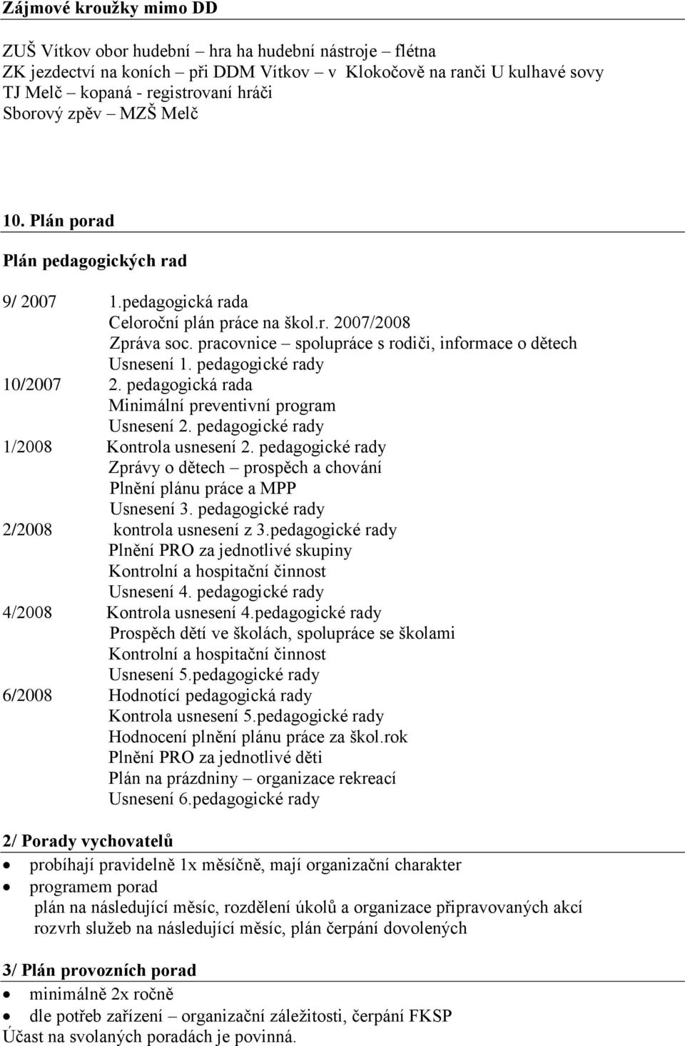 pedagogické rady 10/2007 2. pedagogická rada Minimální preventivní program Usnesení 2. pedagogické rady 1/2008 Kontrola usnesení 2.