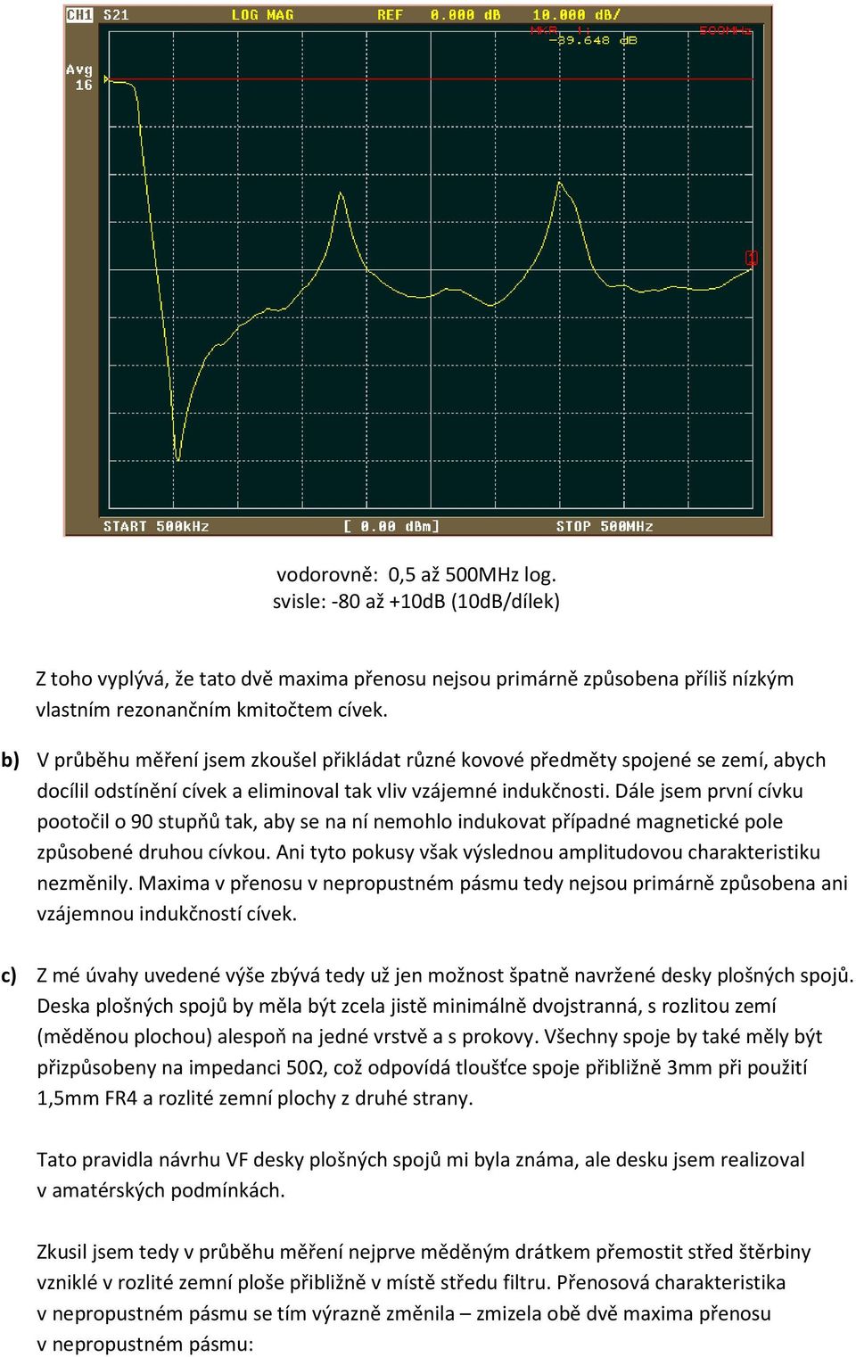 Dále jsem první cívku pootočil o 90 stupňů tak, aby se na ní nemohlo indukovat případné magnetické pole způsobené druhou cívkou. Ani tyto pokusy však výslednou amplitudovou charakteristiku nezměnily.