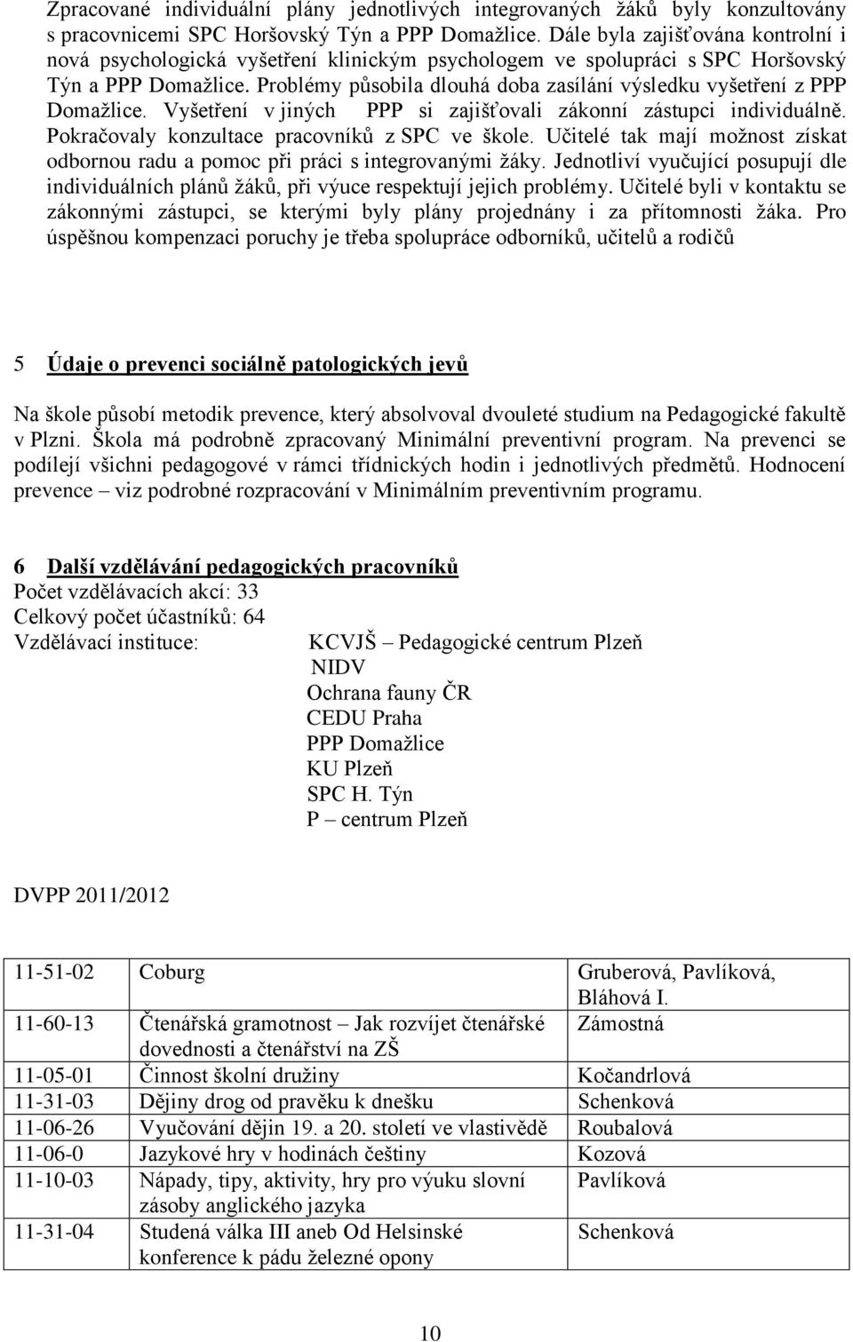 Problémy působila dlouhá doba zasílání výsledku vyšetření z PPP Domažlice. Vyšetření v jiných PPP si zajišťovali zákonní zástupci individuálně. Pokračovaly konzultace pracovníků z SPC ve škole.