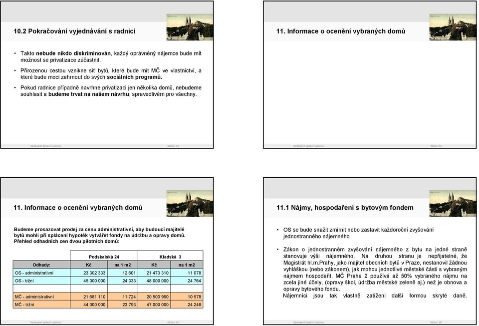 Pokud radnice případně navrhne privatizaci jen několika domů, nebudeme souhlasit a budeme trvat na našem návrhu, spravedlivém pro všechny. Strana 53 Strana 54 11.